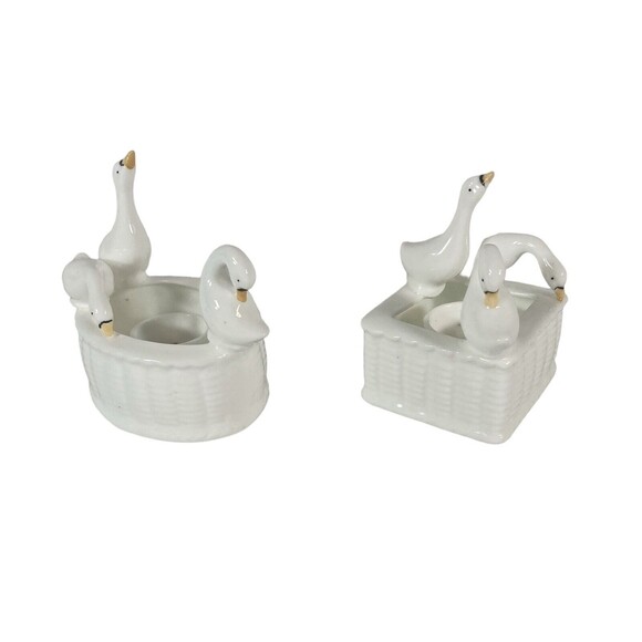 Other - Bone China 3 Geese Taper Candle 2 Holders Basket Weave 3" Tall Vintage Christmas